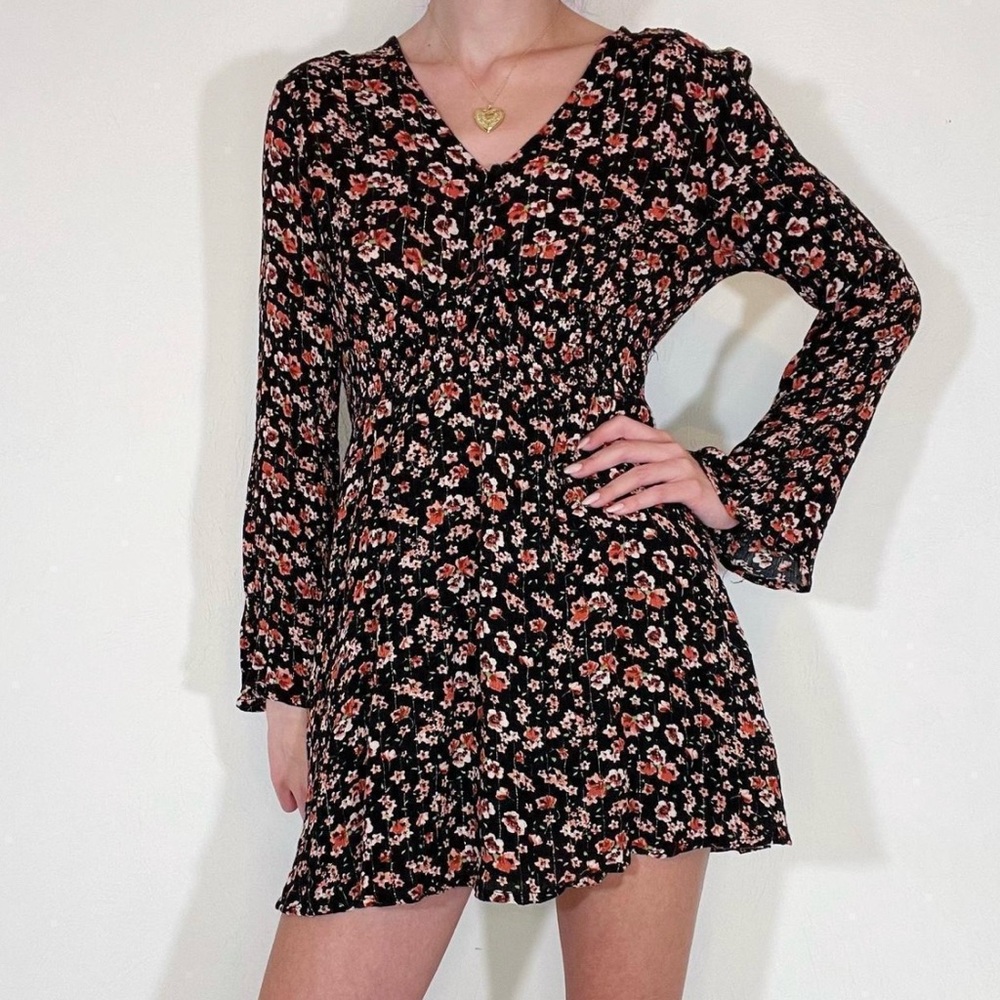 Altar’d State Floral Button Front Babydoll Dress w/ Metallic Thread Detail